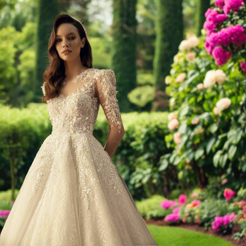 Full Sleeve Sequined Tulle Bridal Dress