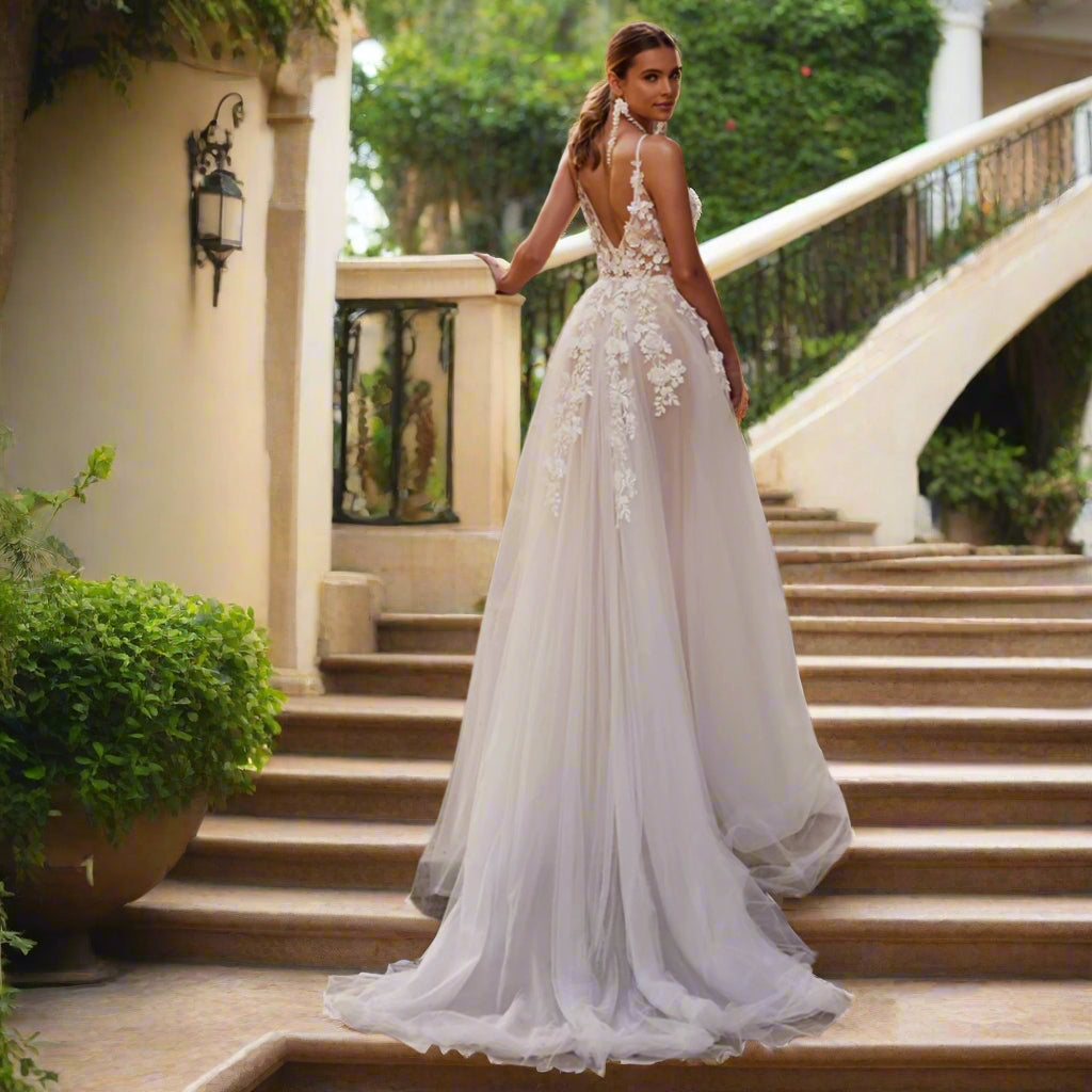 Tulle Deep V Wedding Gown with High Slit