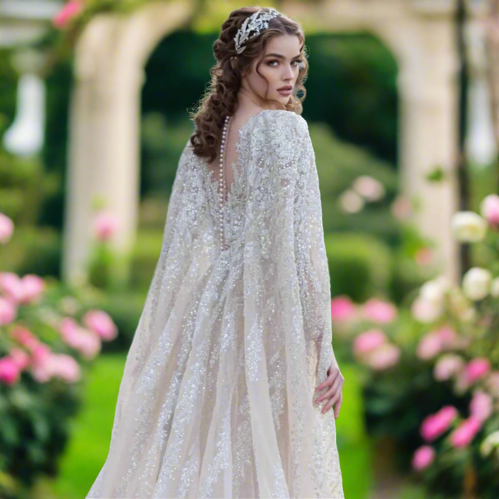Long Sleeve Sequin Beaded Wedding Gown With Cape