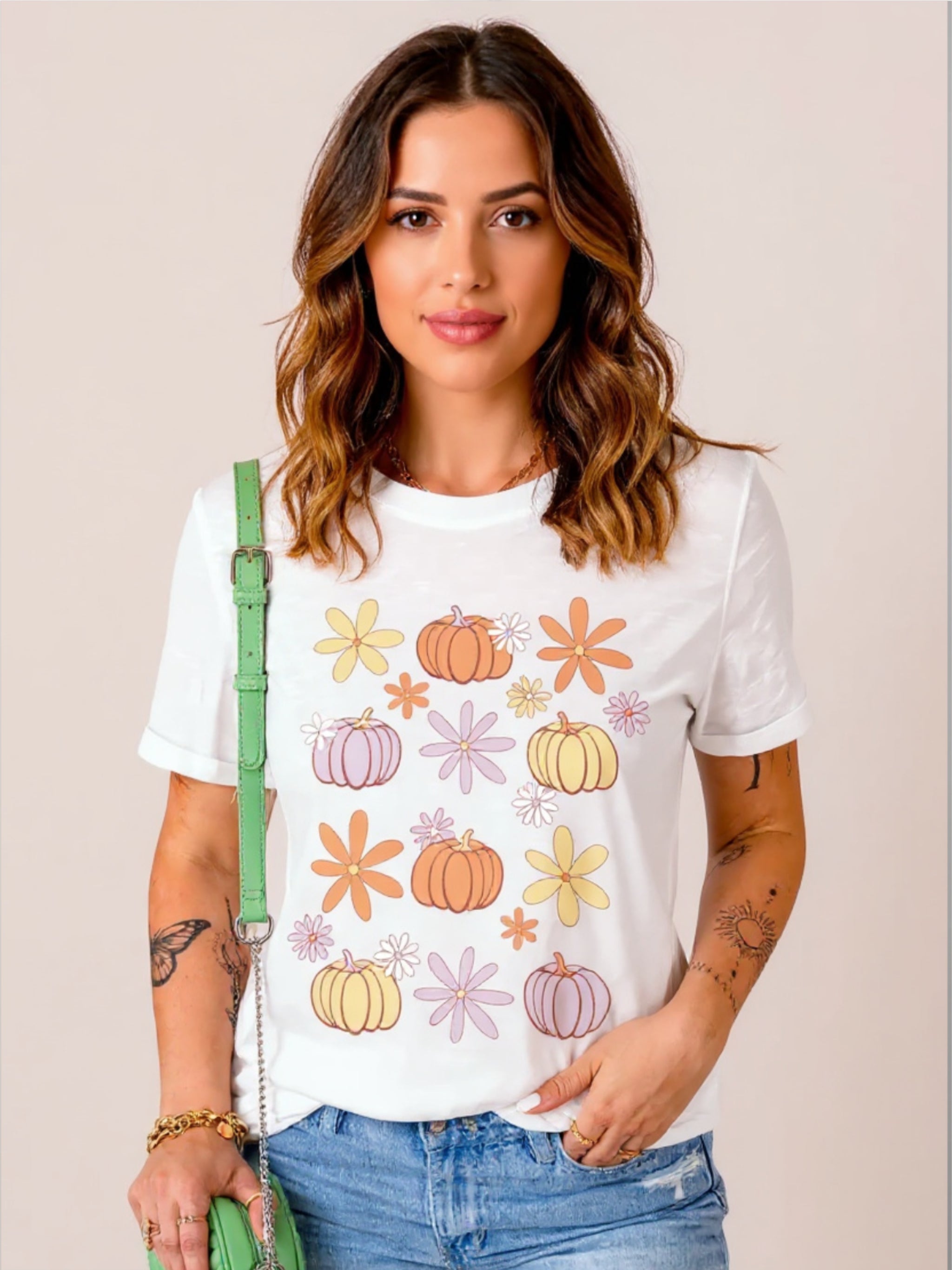 Pumpkin & Flower Round Neck Short Sleeve T-Shirt