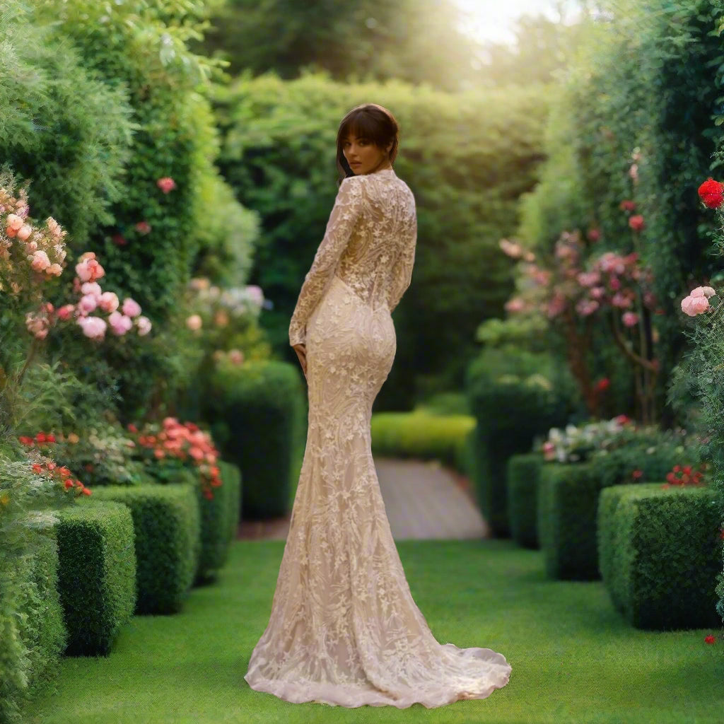 High Collar Long Sleeve Bridal Gown