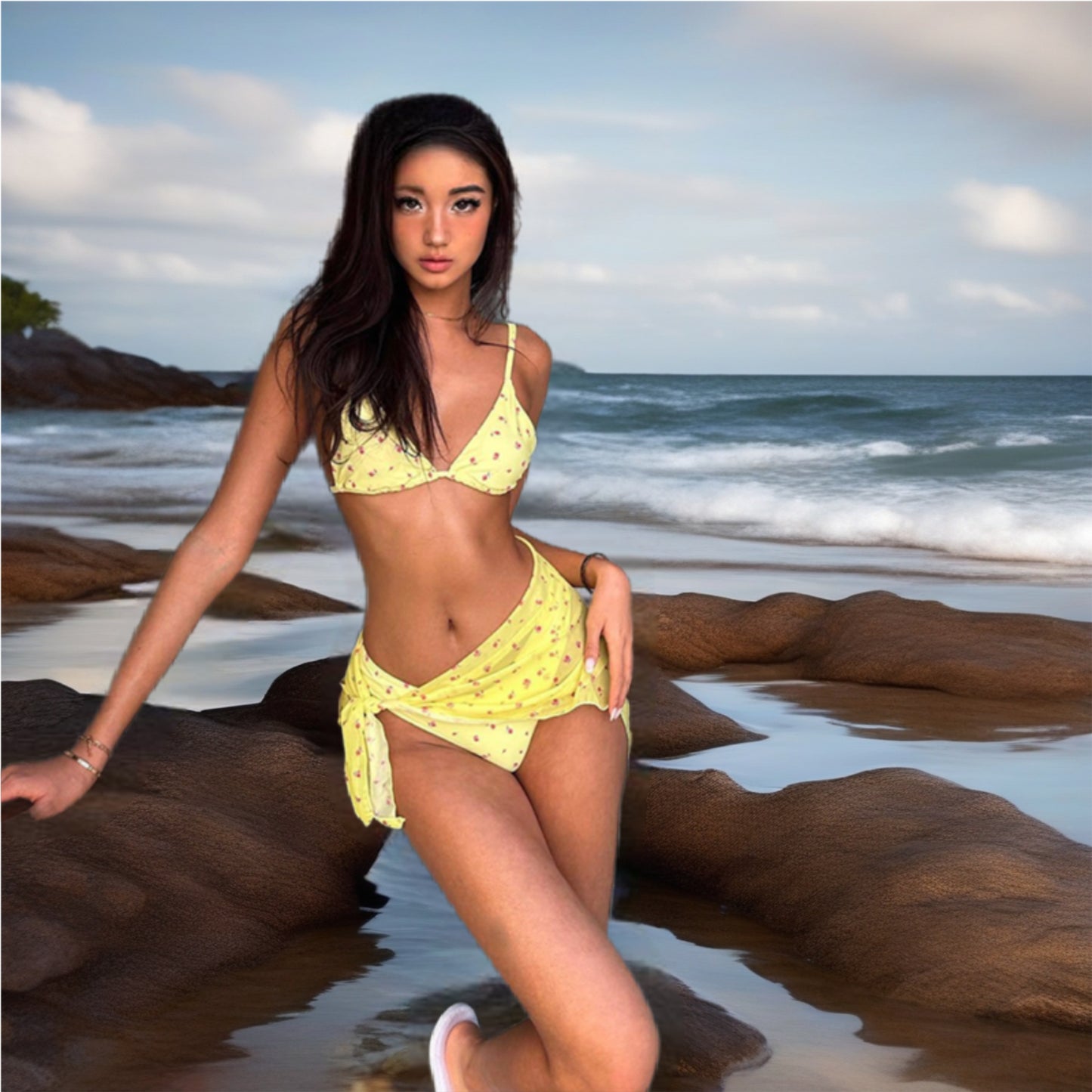Yellow Floral Bikini Three Piece Set