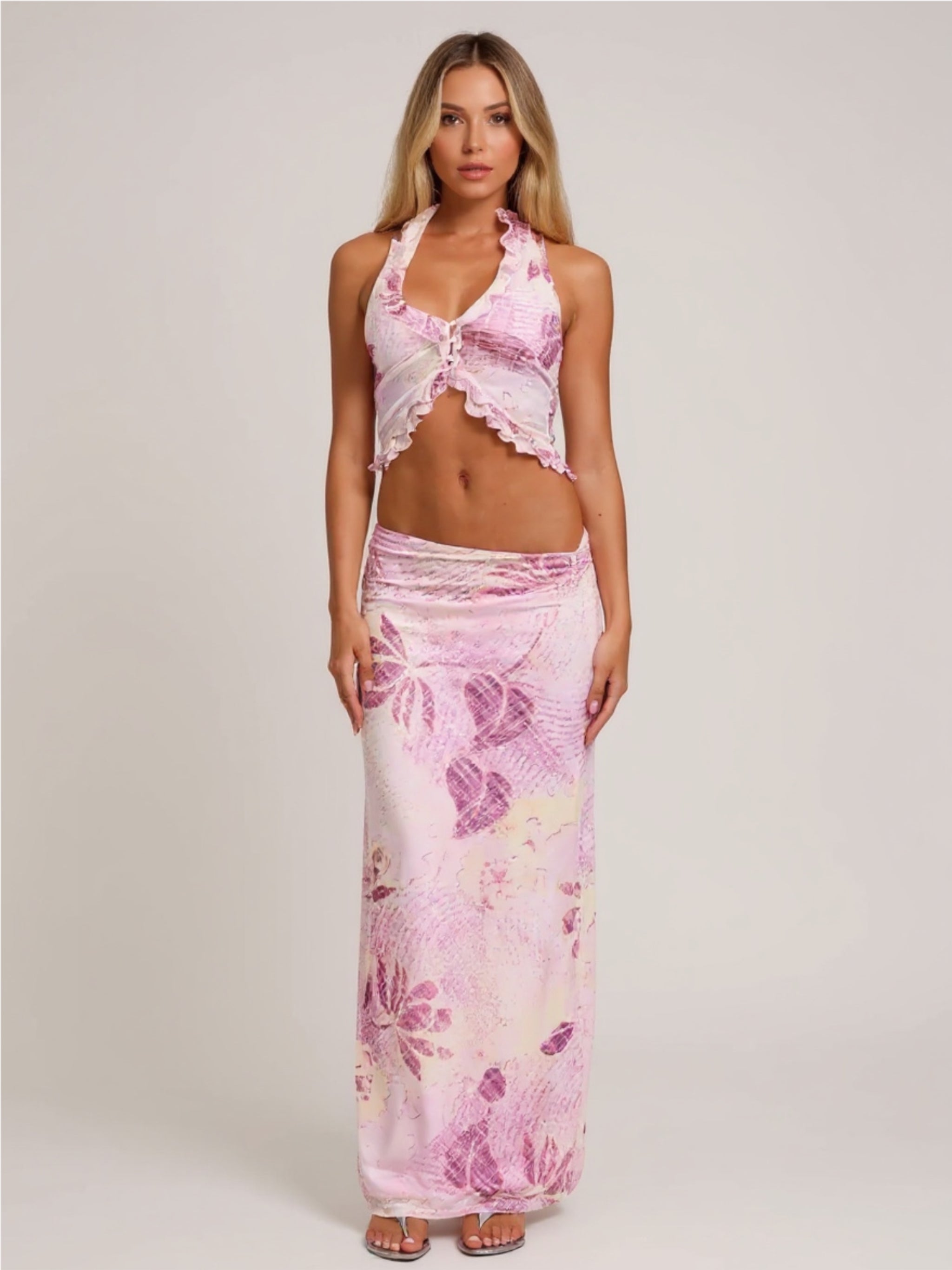 Pink Floral Halter Neck Cami & Maxi Skirt Set