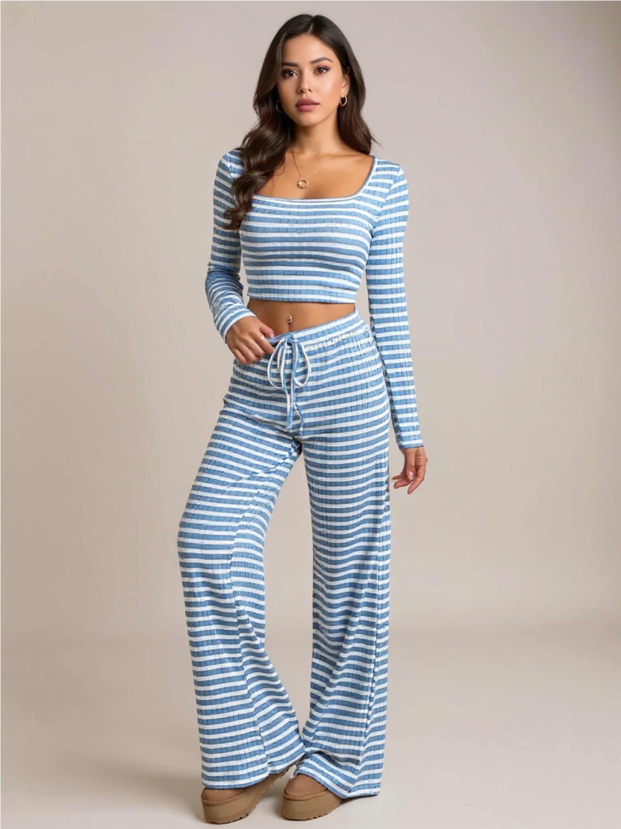 Blue Striped Square Neck Long Sleeve Top & Pants Lounge Set