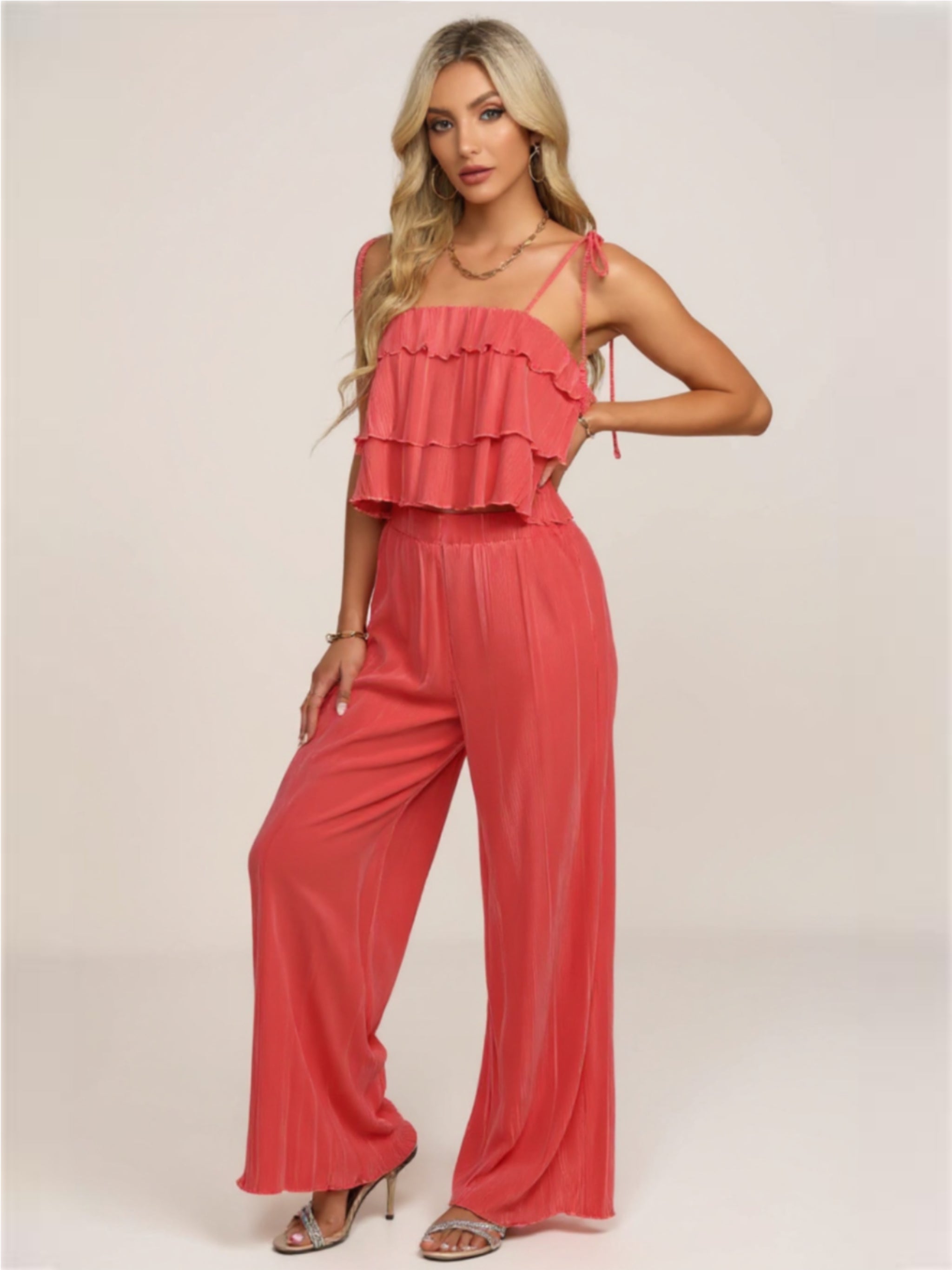 Coral Layered Tie Shoulder Top & Wide Leg Pants Set
