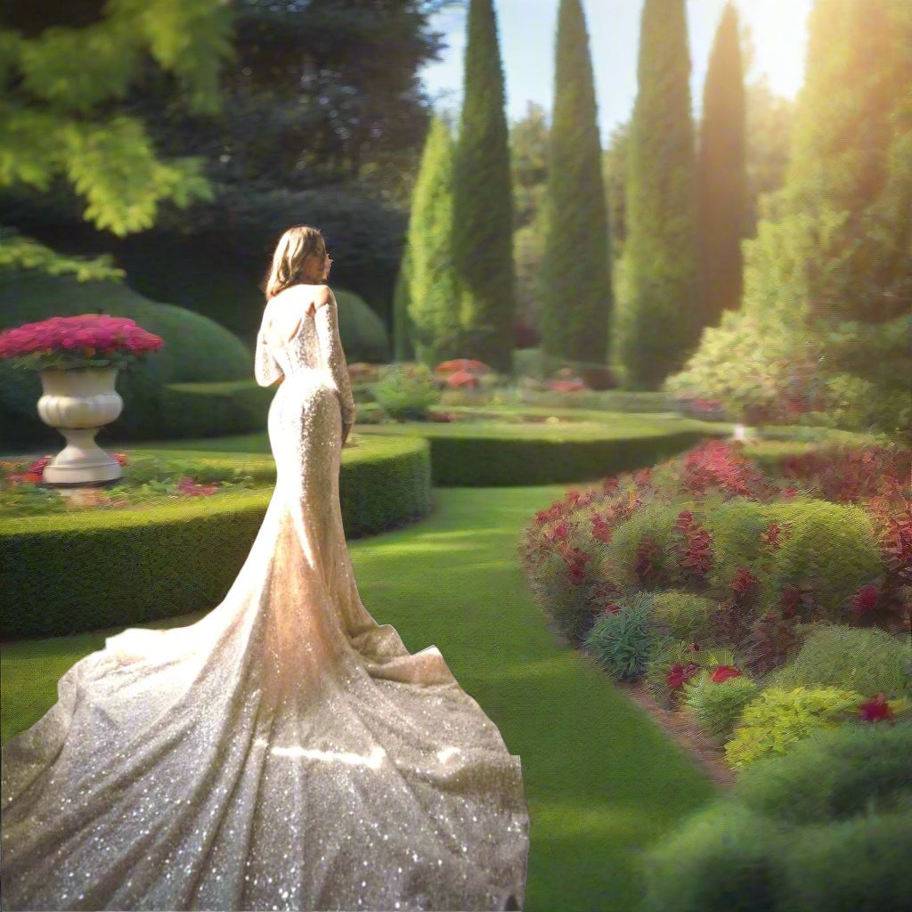 Glitter Detachable Train Satin Wedding Dress