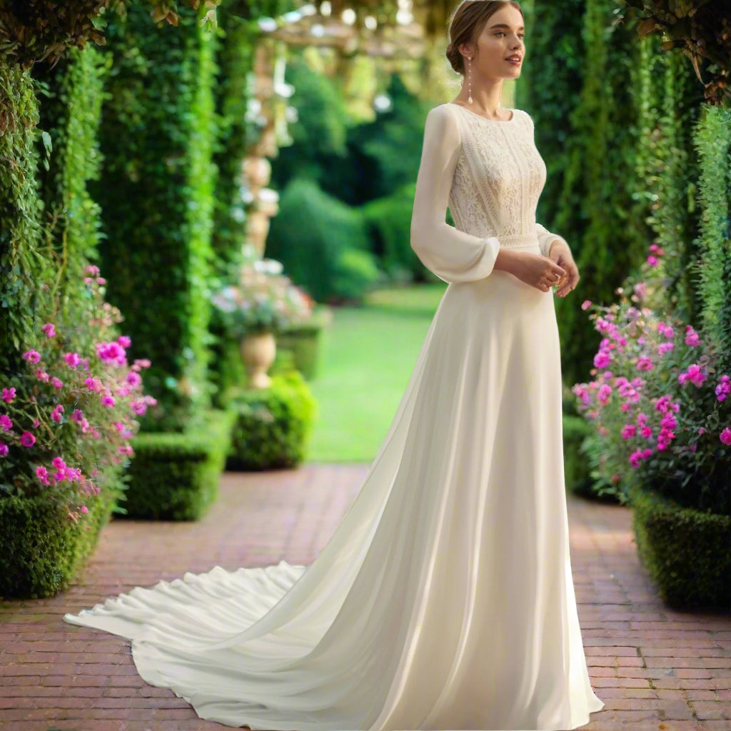 Round Neck Lace Long Sleeve Bridal Dress