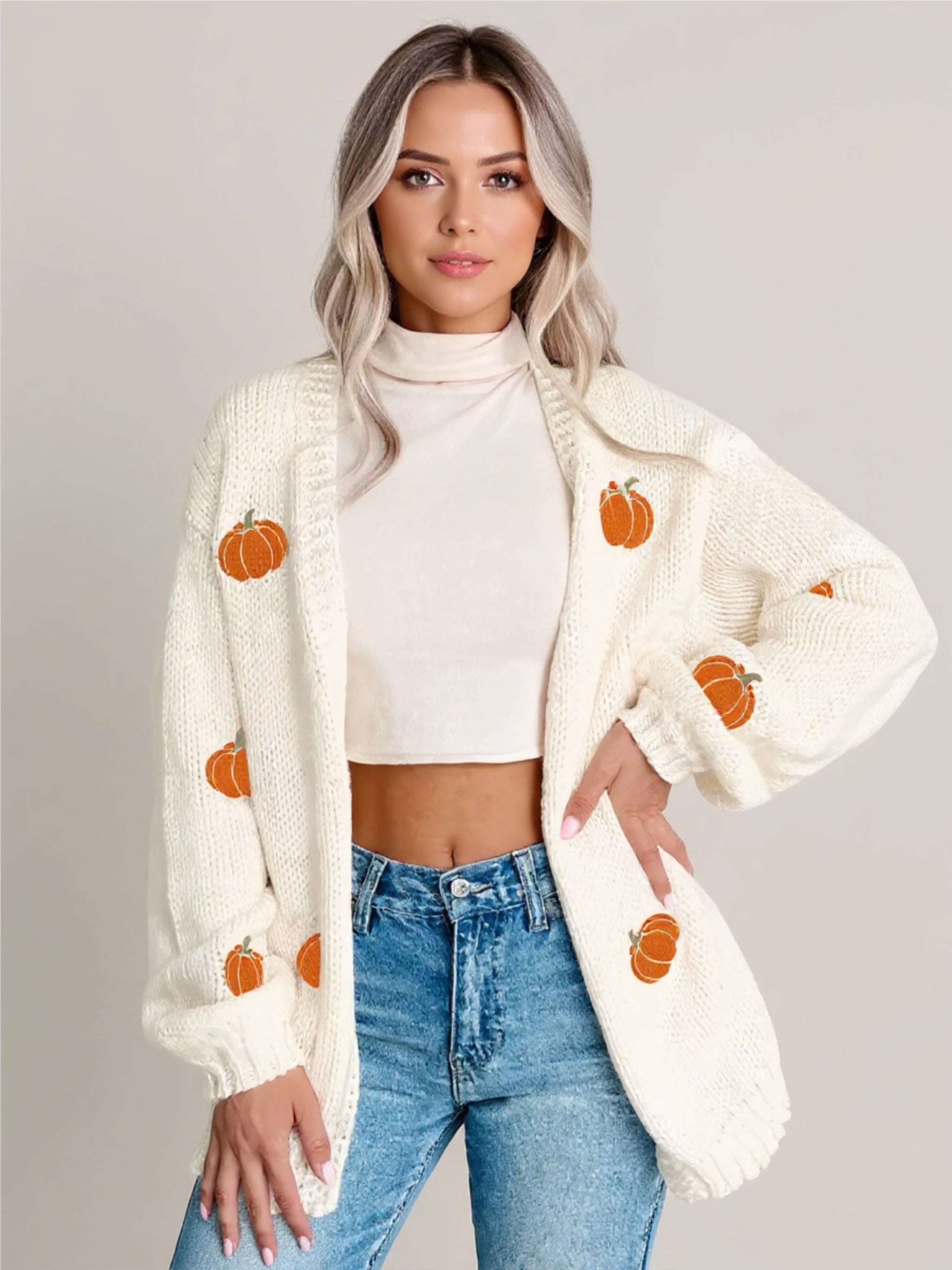 Halloween Pumpkin Embroidered Knit Cardigan