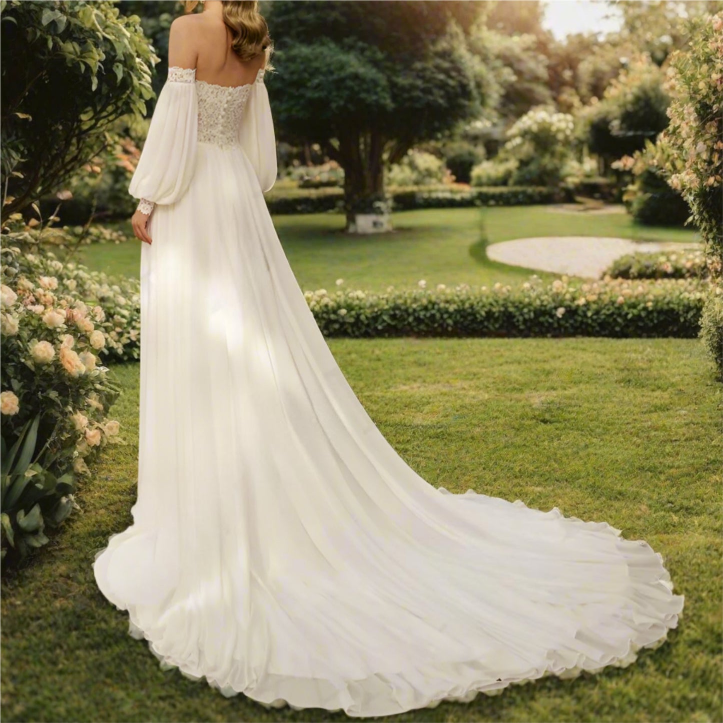 Detachable Puff Sleeve Lace A Line Bridal Gown