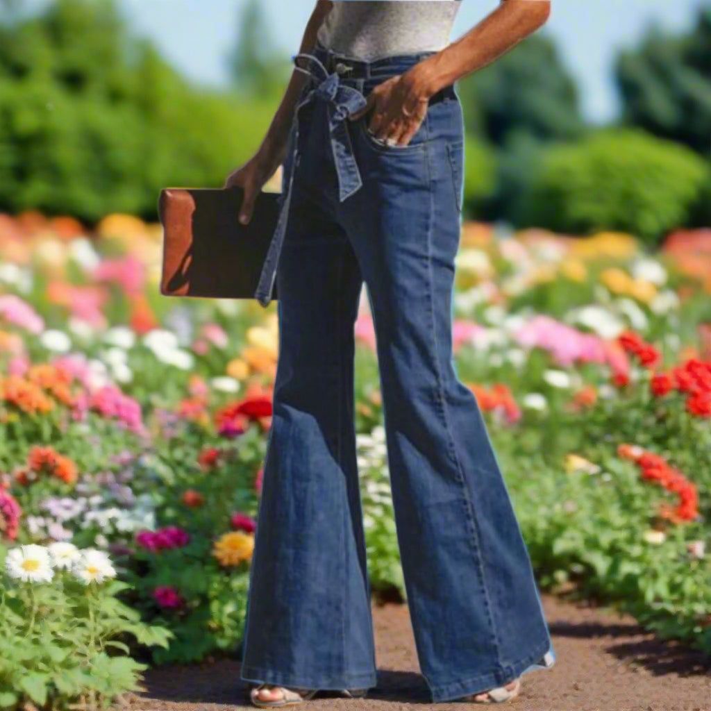Waist Tie Flare Jeans with Pockets