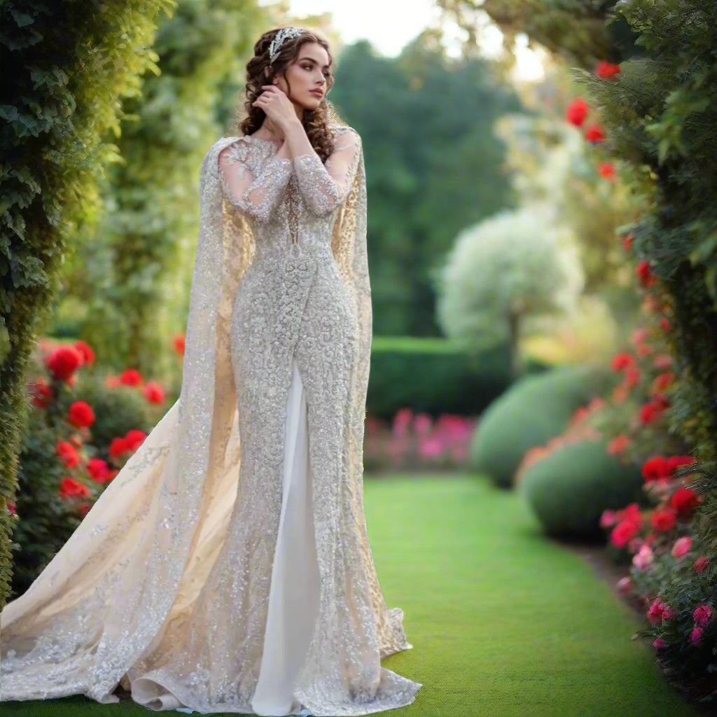 Long Sleeve Sequin Beaded Wedding Gown With Cape