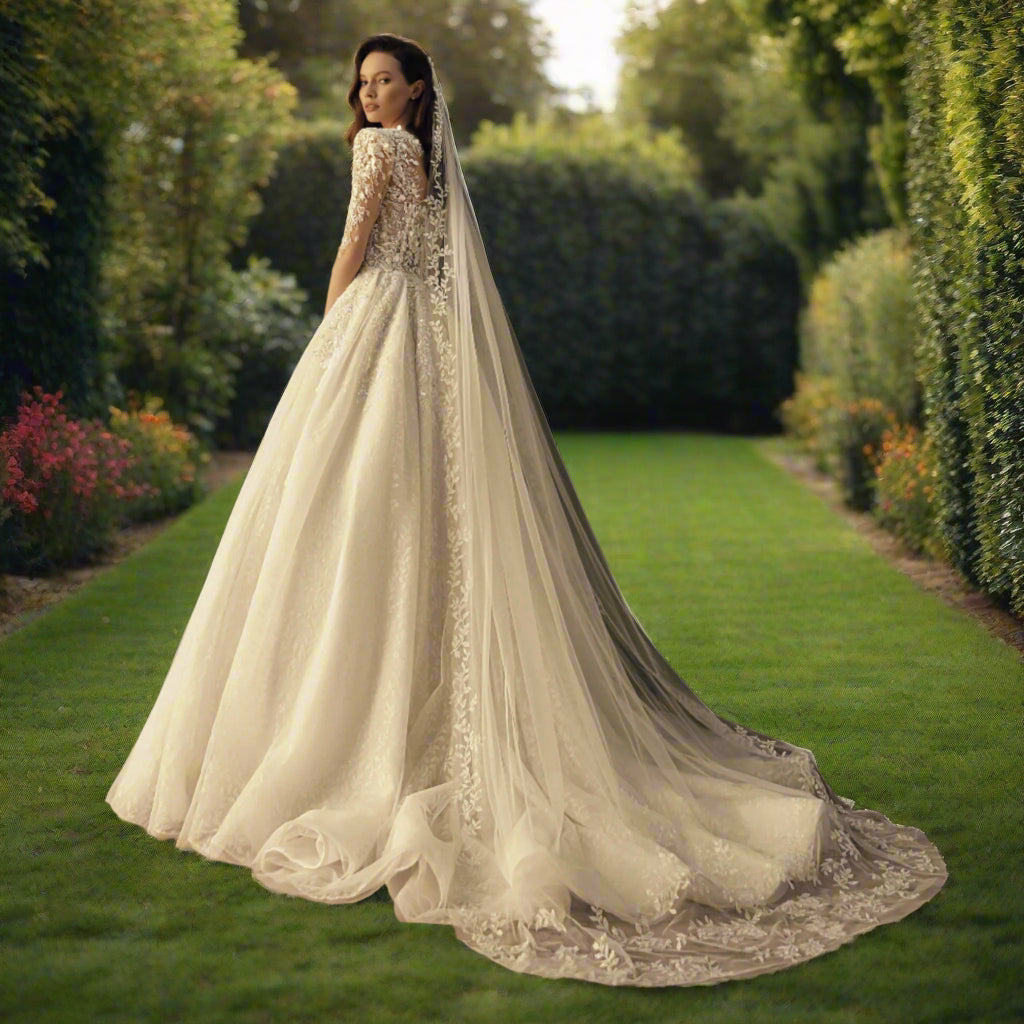 Full Sleeve Sequined Tulle Bridal Dress