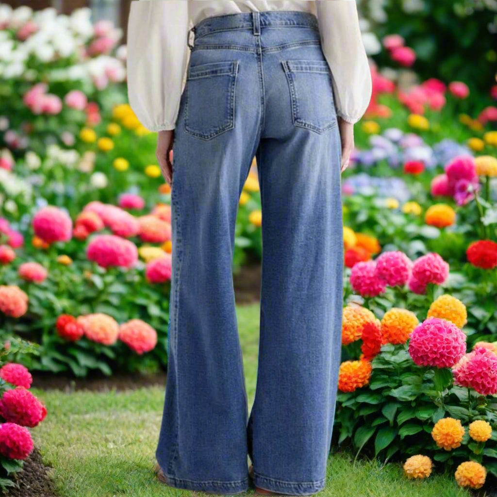 Pocketed Embroidered Wide Leg Jeans
