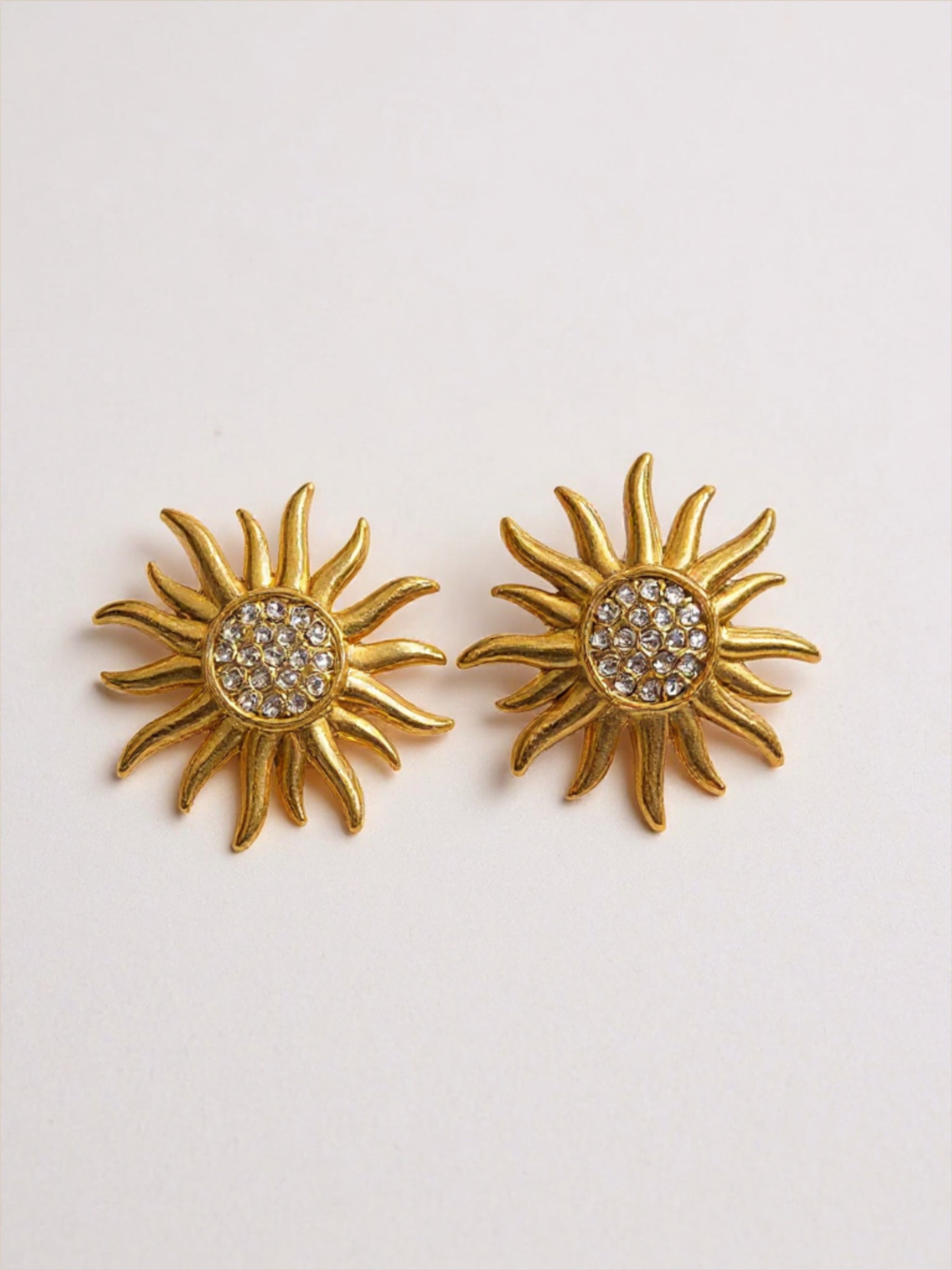 Gold Stainless Steel Inlaid Rhinestone Sun Shape Stud Earrings