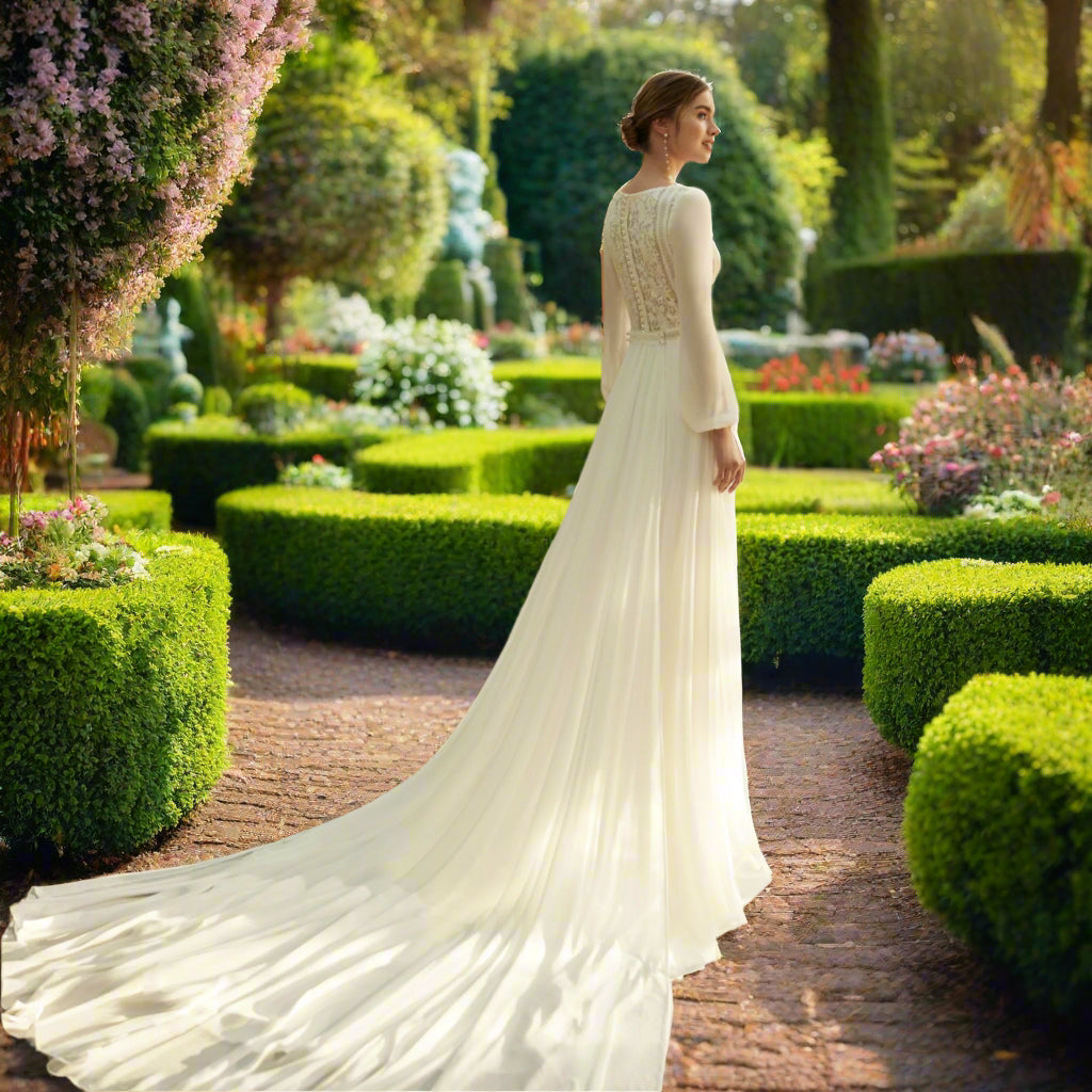 Round Neck Lace Long Sleeve Bridal Dress