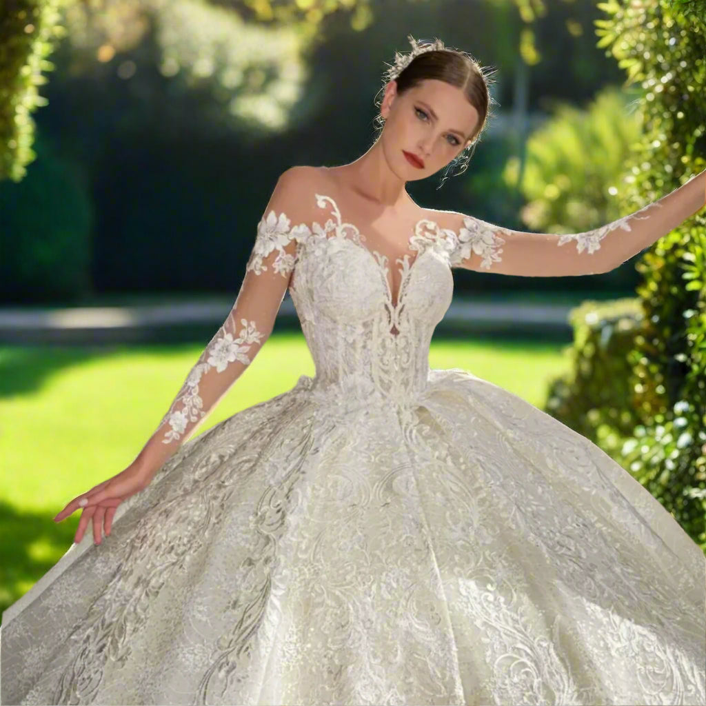 Off The Shoulder Long Sleeve Lace Beaded Bridal Dress
