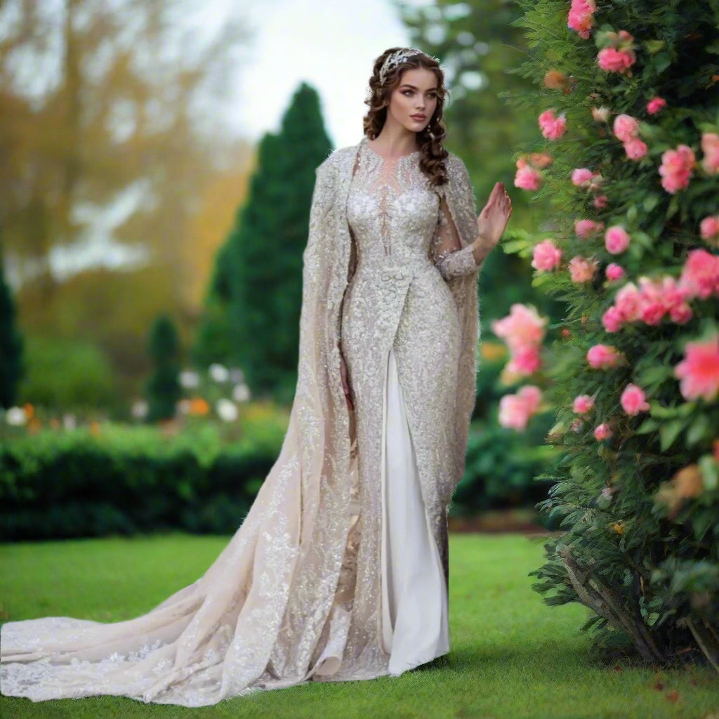 Long Sleeve Sequin Beaded Wedding Gown With Cape