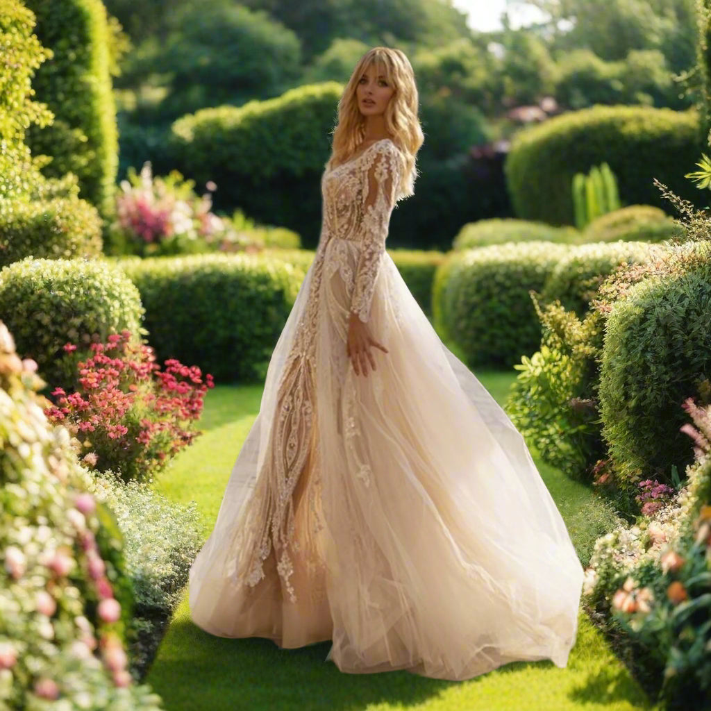 2 In 1 Long Sleeve Mermaid Beaded Wedding Dress with Detachable Train