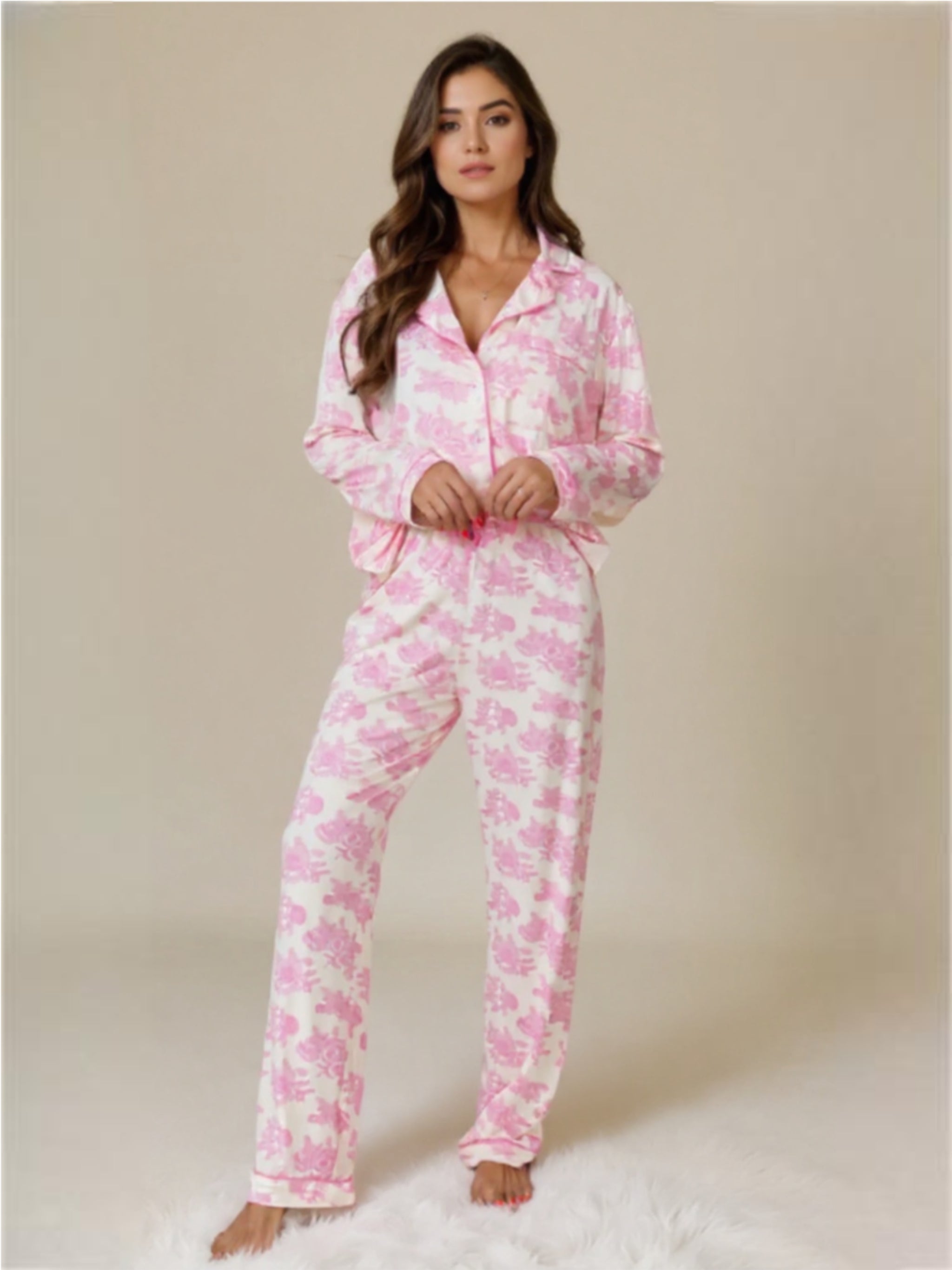 Pink Floral Printed Button Up Long Sleeve Top & Pants Lounge Set