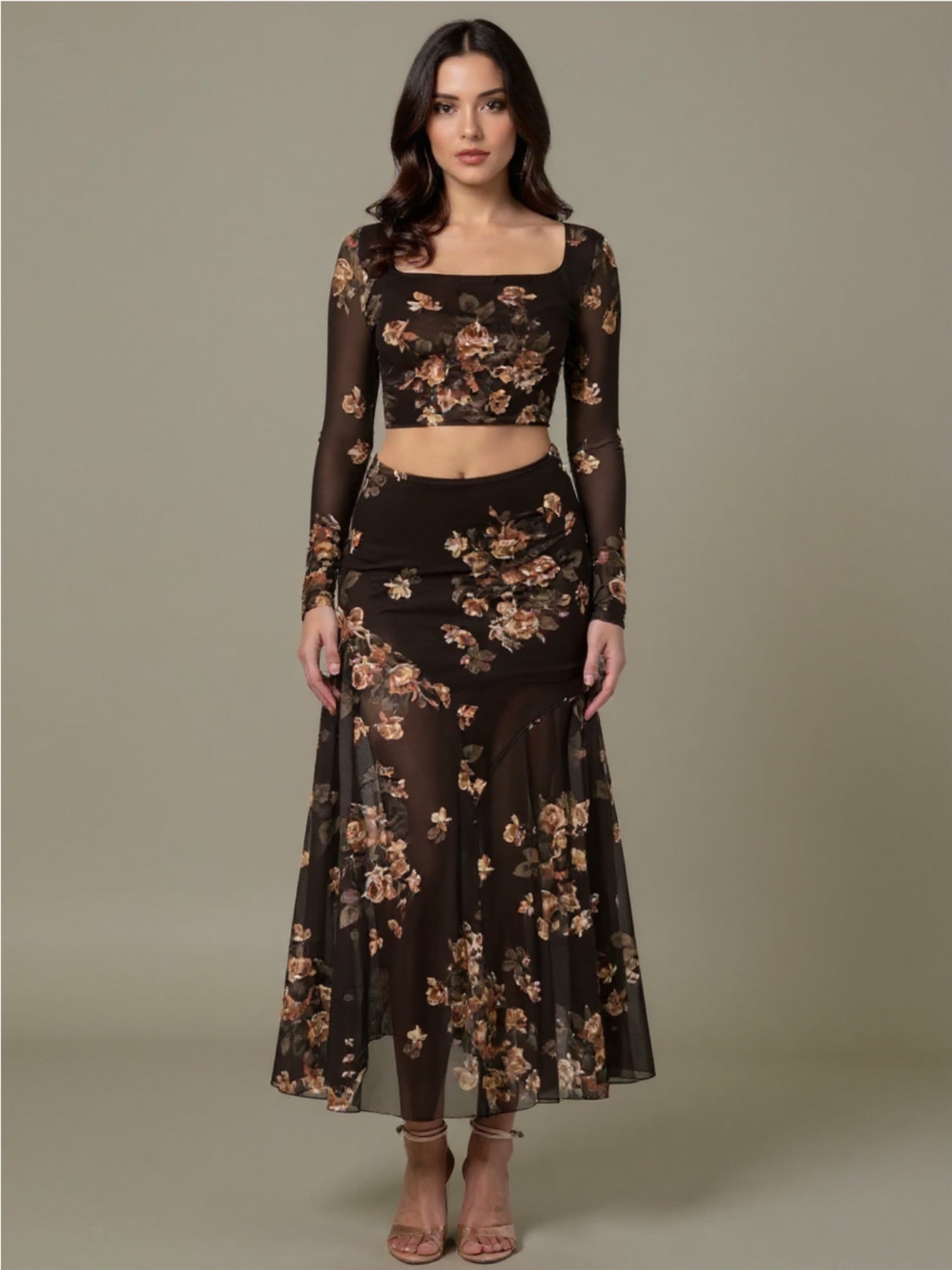 Floral Square Neck Top & Skirt Set