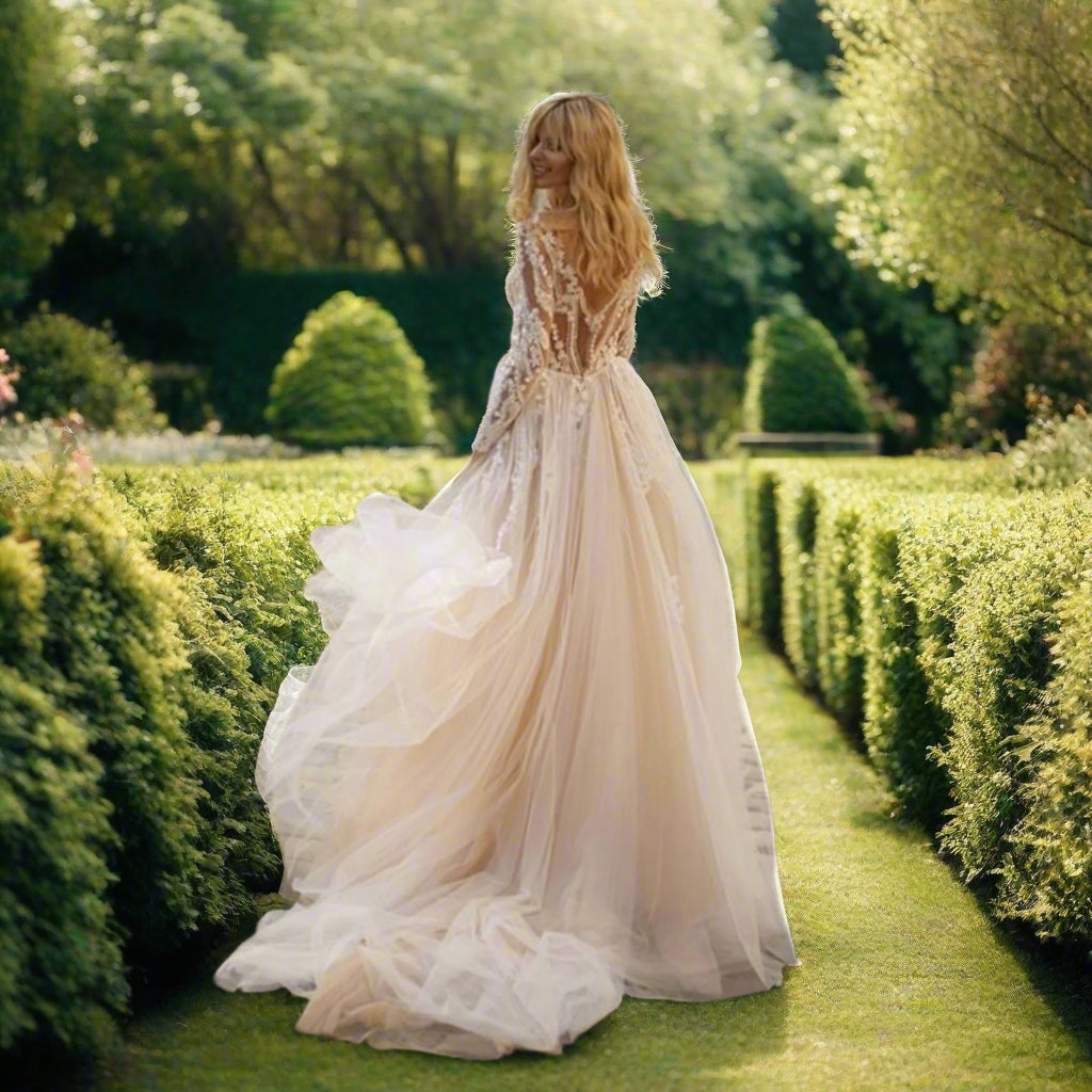 2 In 1 Long Sleeve Mermaid Beaded Wedding Dress with Detachable Train