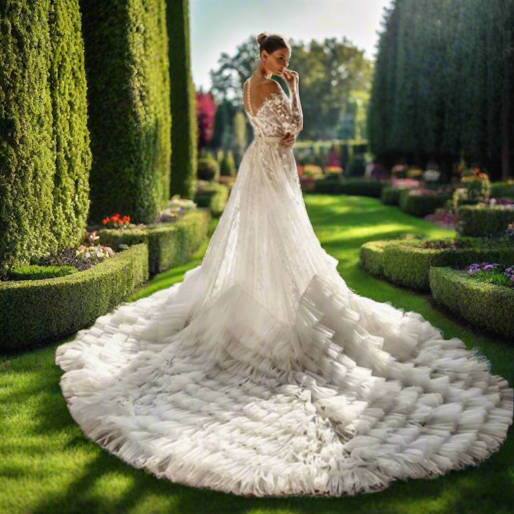 Off The Shoulder Lace A-Line Wedding Dress With Detachable Long Tulle Train