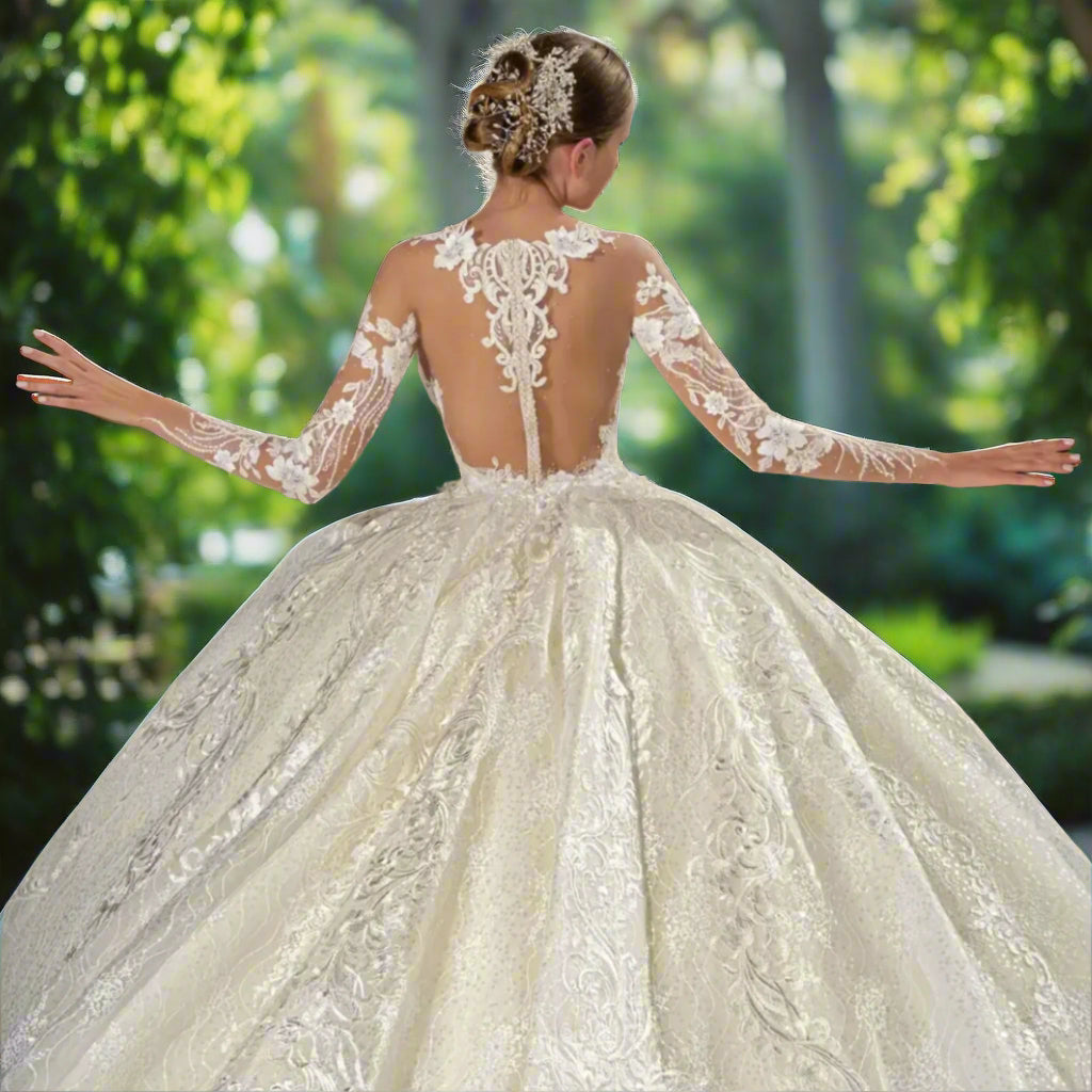 Off The Shoulder Long Sleeve Lace Beaded Bridal Dress