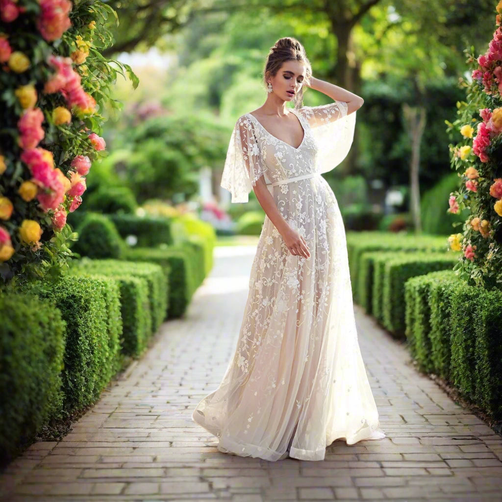 White Lace wedding Dress with Flare Sleeves