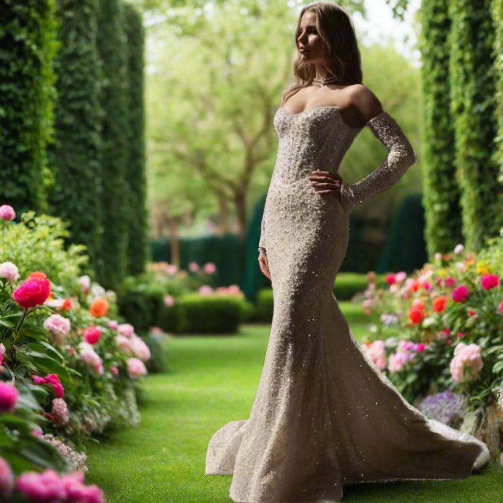 Glitter Detachable Train Satin Wedding Dress