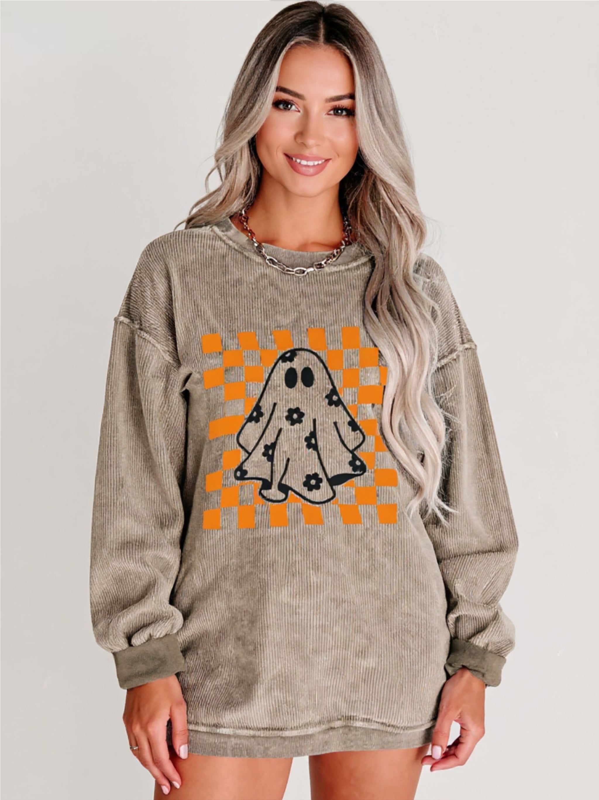 Halloween Checkerboard Floral Ghost Sweatshirt