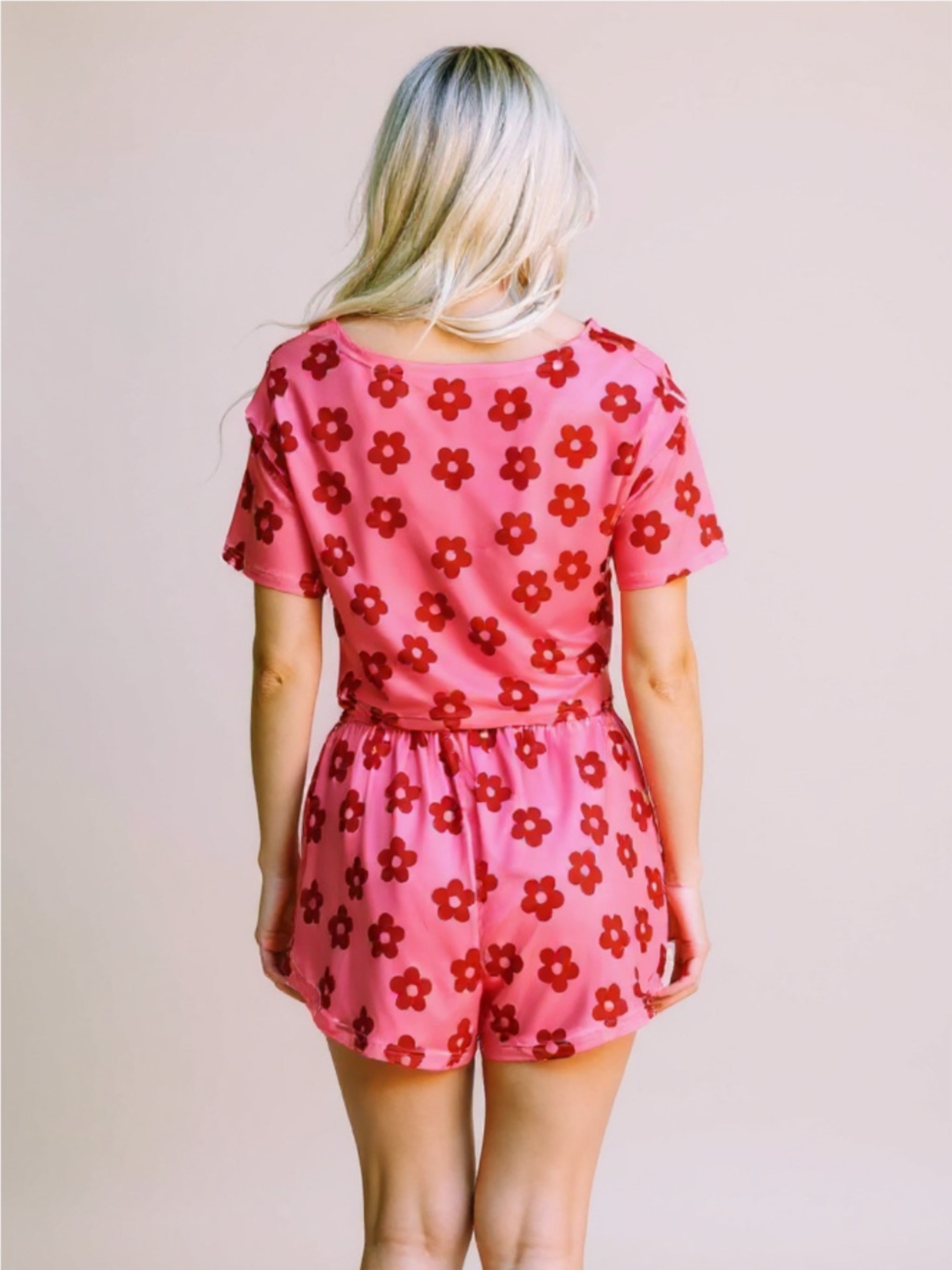 Pink Floral Cropped Tee & Shorts Pajama Set