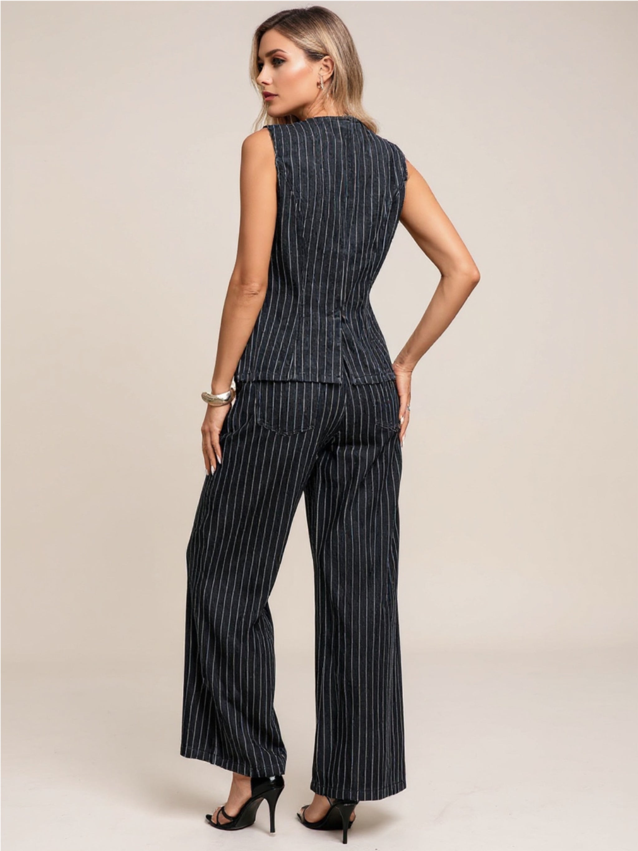 Striped Button Down Tank & Pants Denim Set