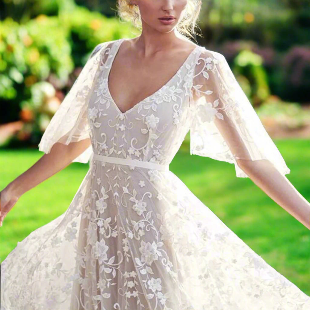 White Lace wedding Dress with Flare Sleeves