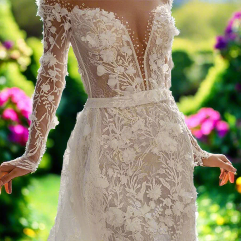 Off The Shoulder Lace A-Line Wedding Dress With Detachable Long Tulle Train