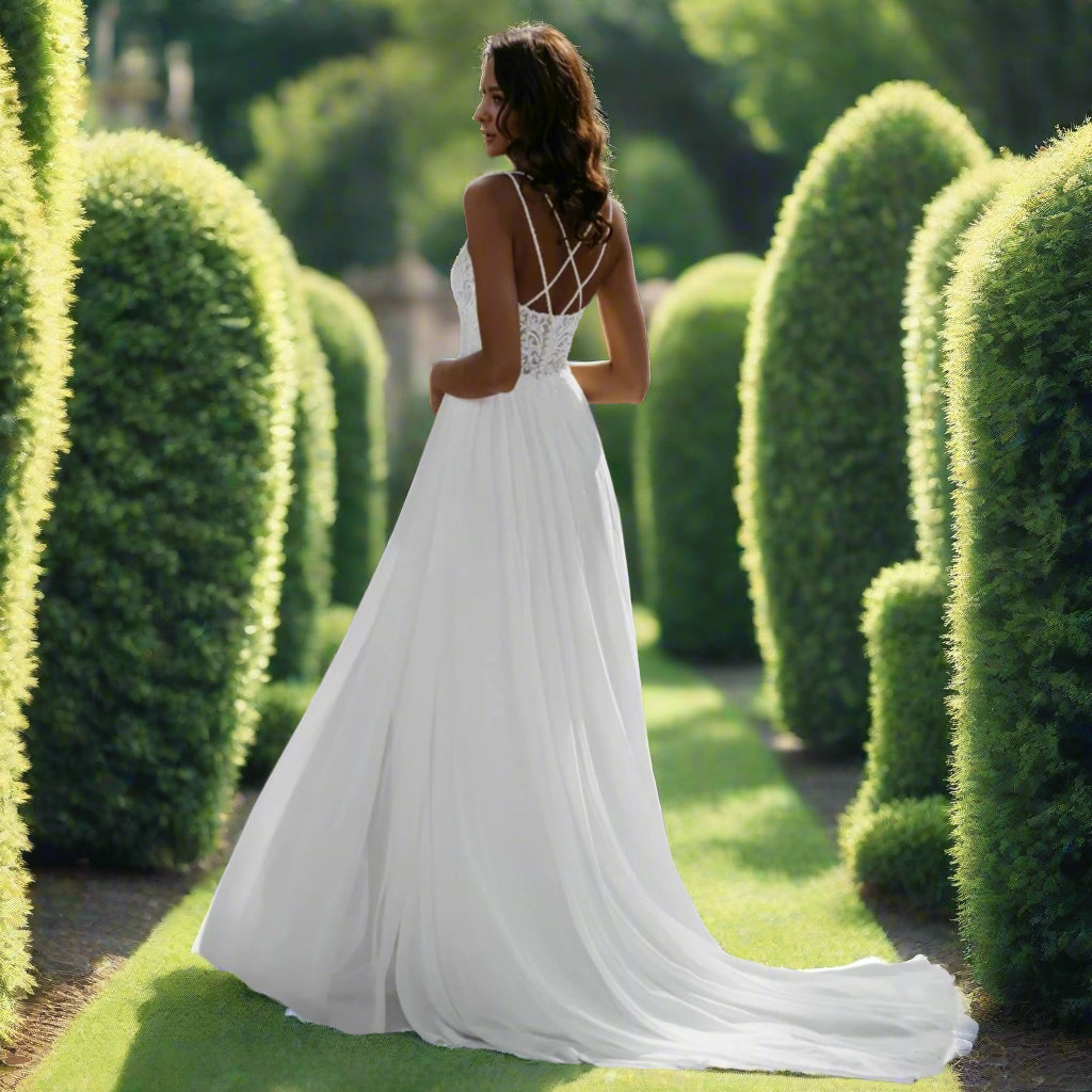 V Neck Sequin Lace Chiffon A Line Bridal Dress