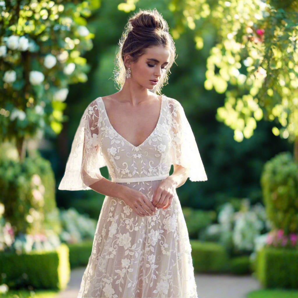 White Lace wedding Dress with Flare Sleeves