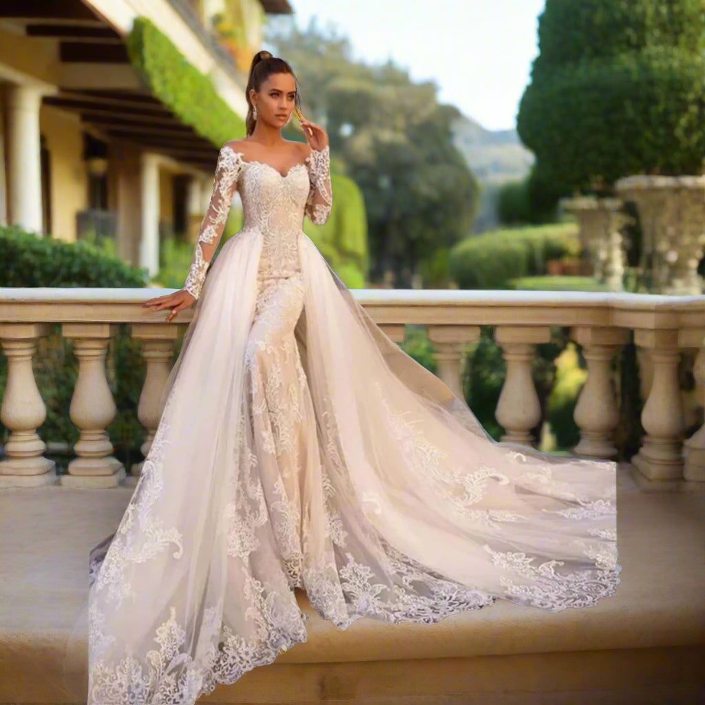 Long Sleeve Lace Mermaid Wedding Gown with Detachable Train