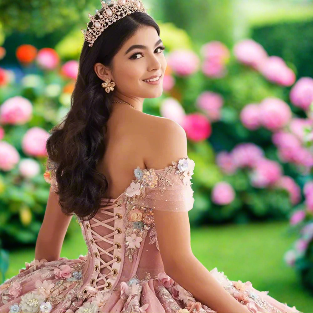 Sparkly Pink Quinceanera Ball Gown with 3D Lace Flowers