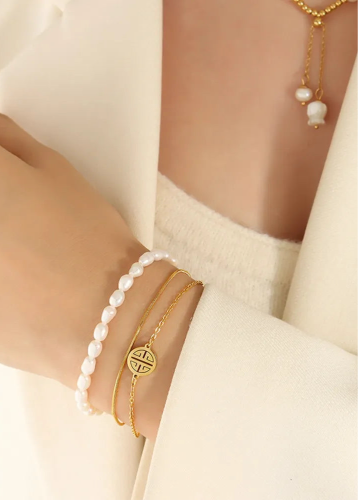 Titanium Steel Three-Layered Pearl Bracelet
