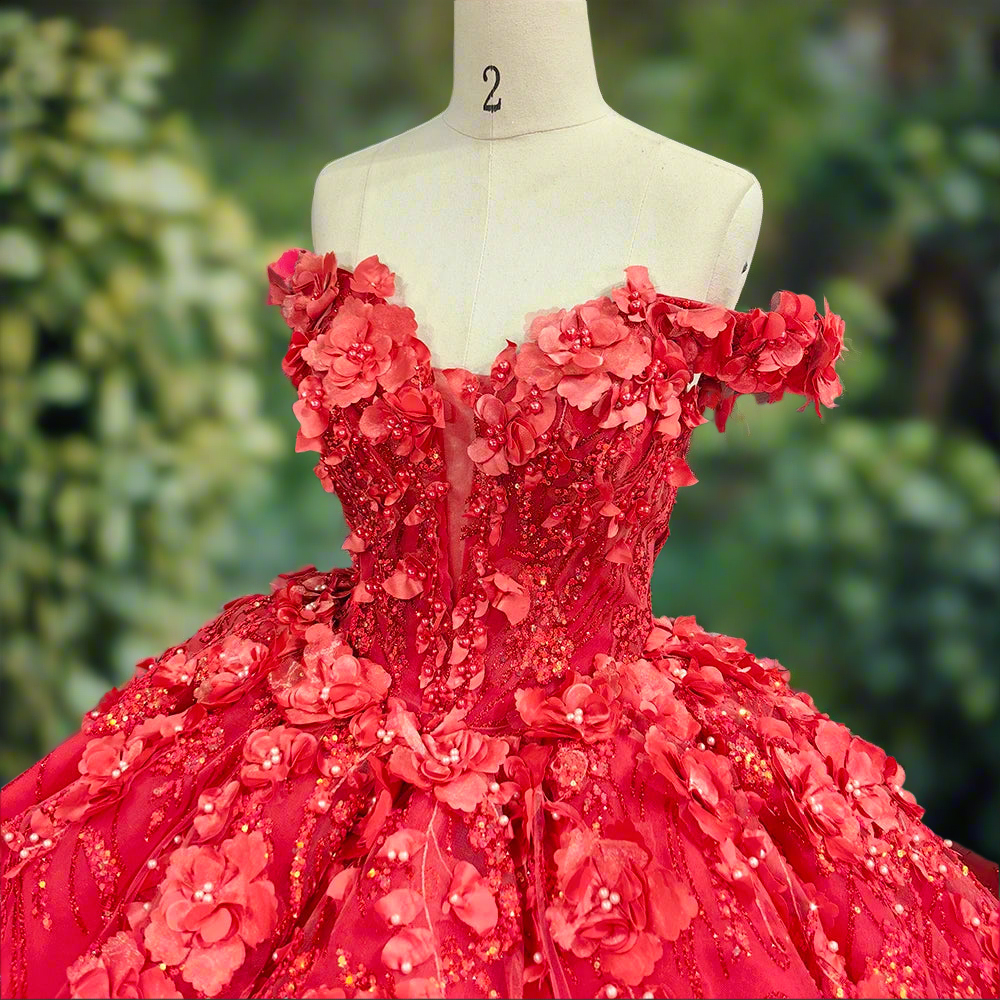 Red Floral Off The Shoulder Quinceanera Ball Gown