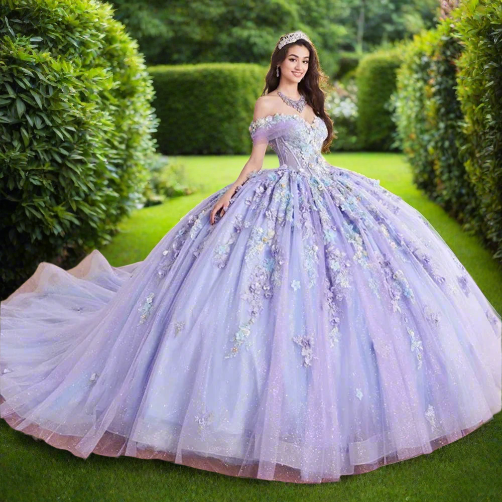 Sparkly Pink Quinceanera Ball Gown with 3D Lace Flowers