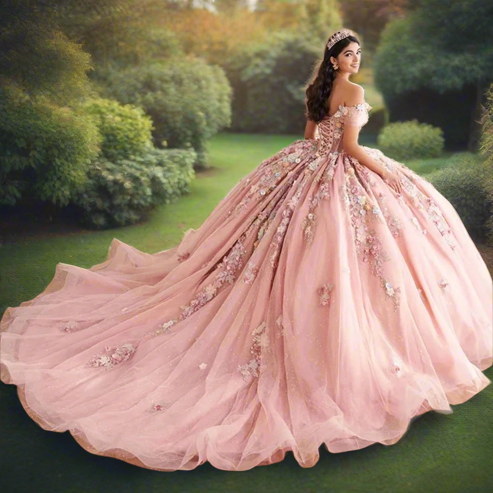 Sparkly Pink Quinceanera Ball Gown with 3D Lace Flowers