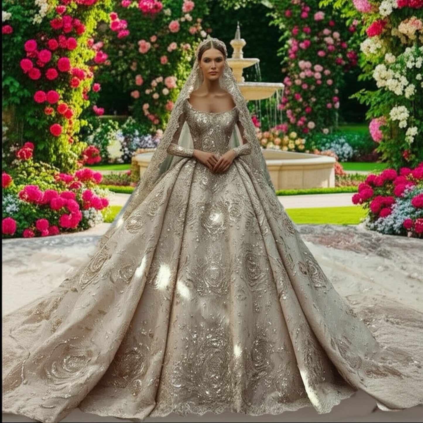 Long Sleeve Beaded Ball Gown Wedding Dress