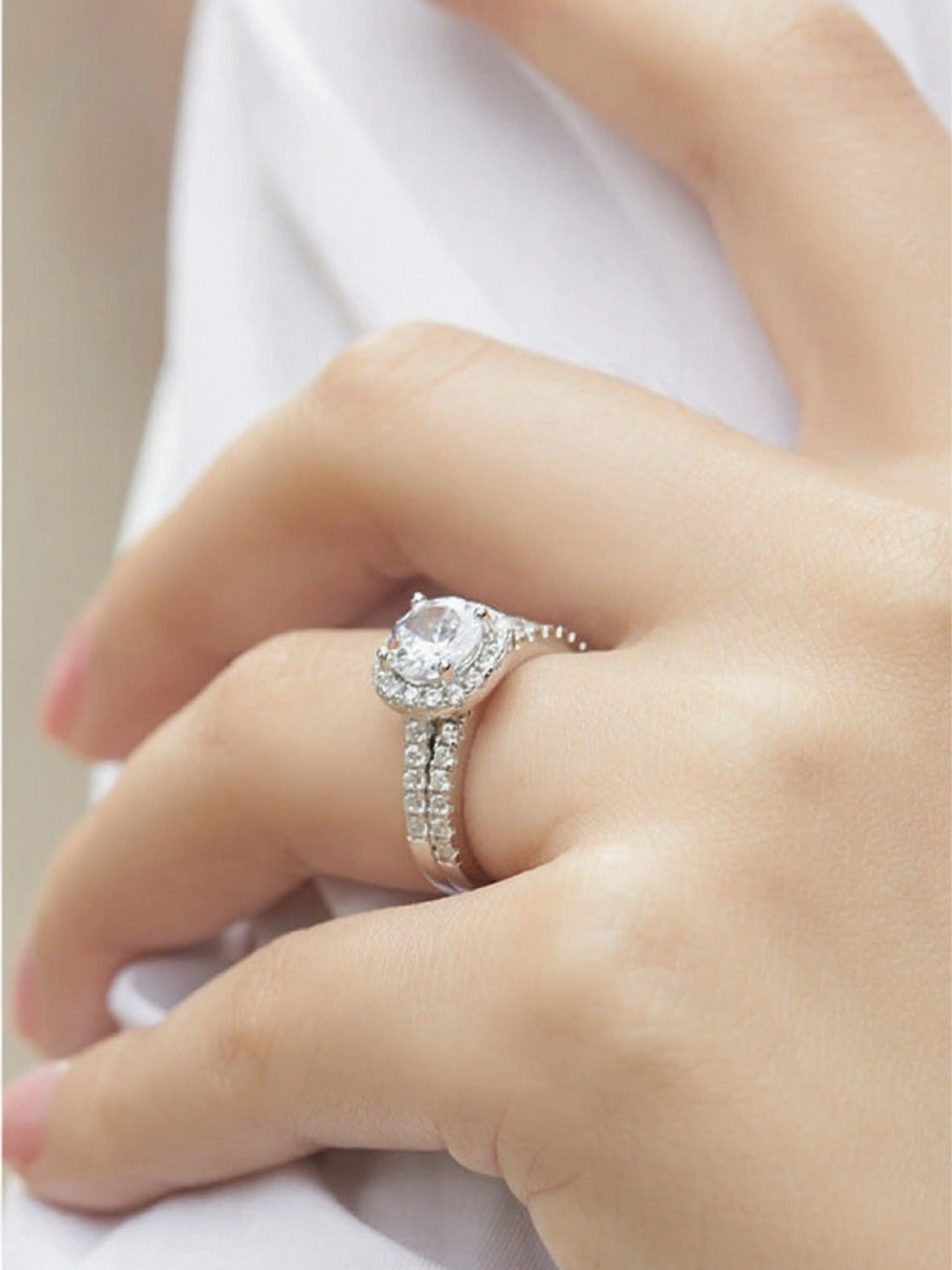 S925 Sterling Silver CZ Engagement & Wedding Band Set