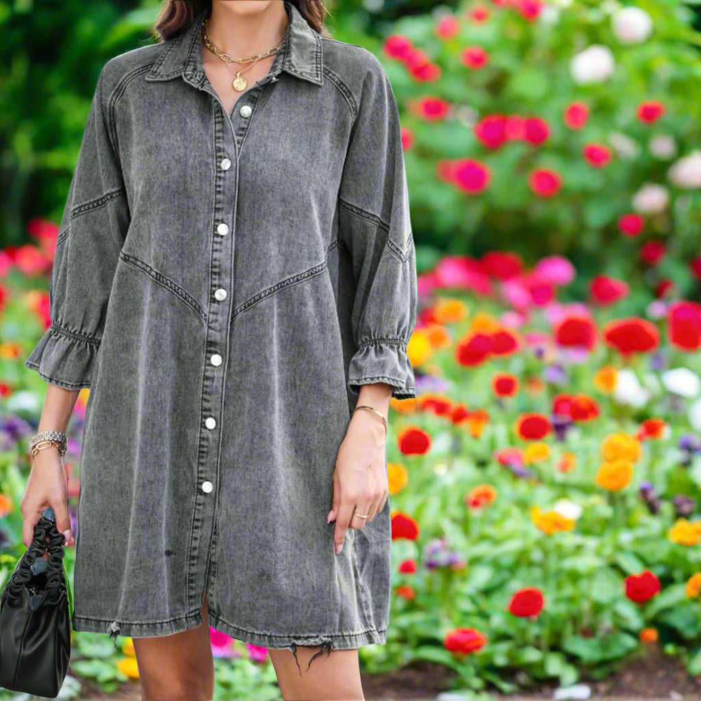 Distressed Collared Neck Flounce Sleeve Denim Dress