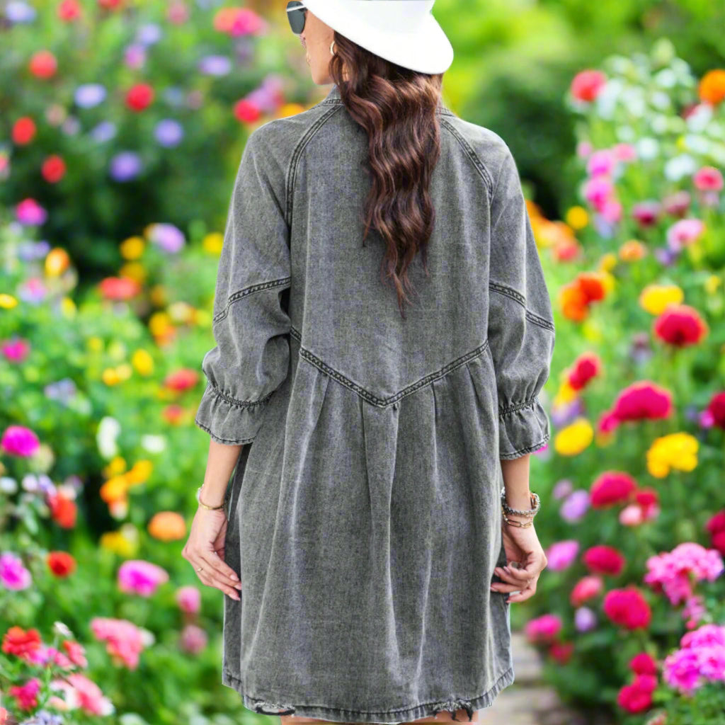Distressed Collared Neck Flounce Sleeve Denim Dress