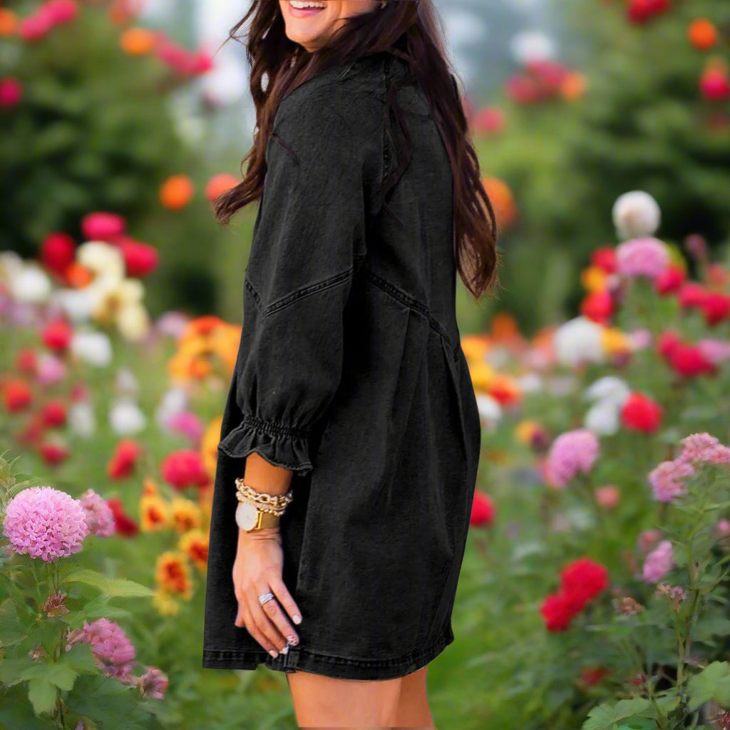 Distressed Collared Neck Flounce Sleeve Denim Dress