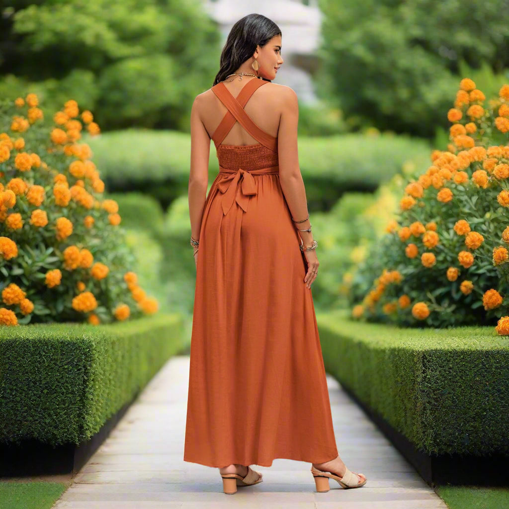 Crisscross Back Smocked Square Neck Maxi Dress