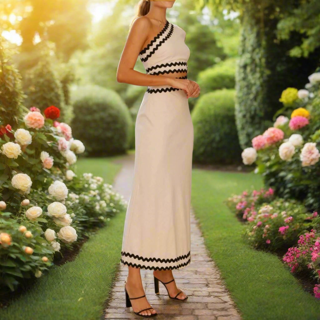 Cutout Contrast Trim One Shoulder Dress