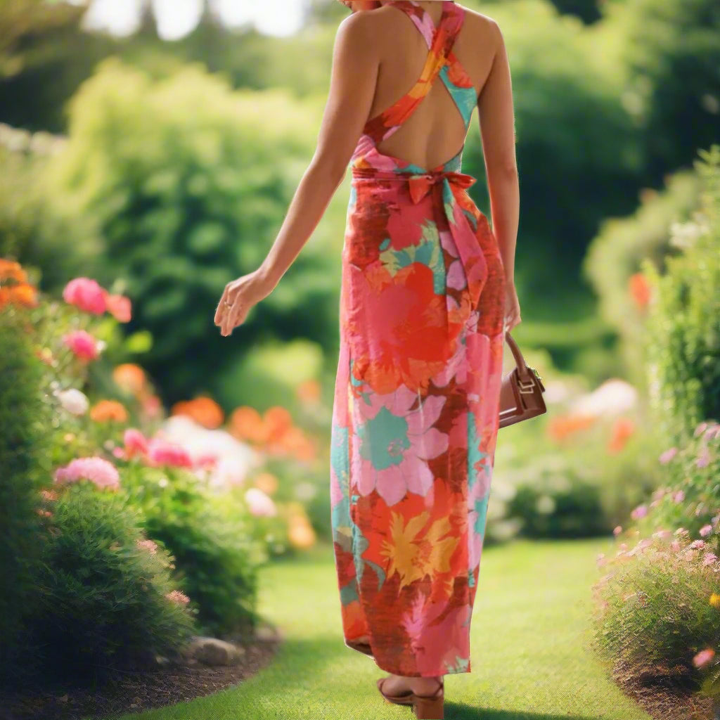 Crisscross Back Floral Maxi Dress